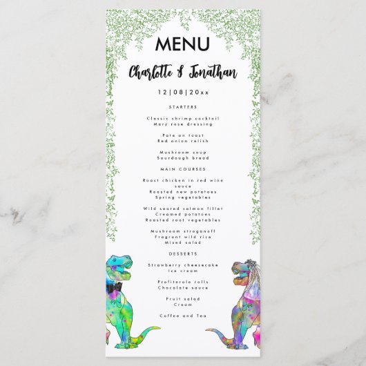 Kleurrijke dinosaurus thema bruiloft menu (Voorkant)
