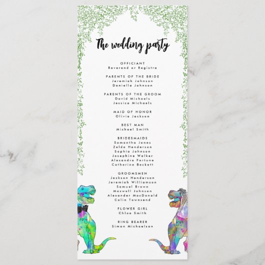 Kleurrijke dinosaurus thema bruiloft programmakaart (Achterkant)