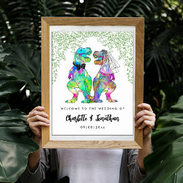 Kleurrijke dinosaurus-thema-huwelijksontvangst poster