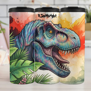 Kleurrijke dinosaurus tropische bladeren brullend thermosbeker