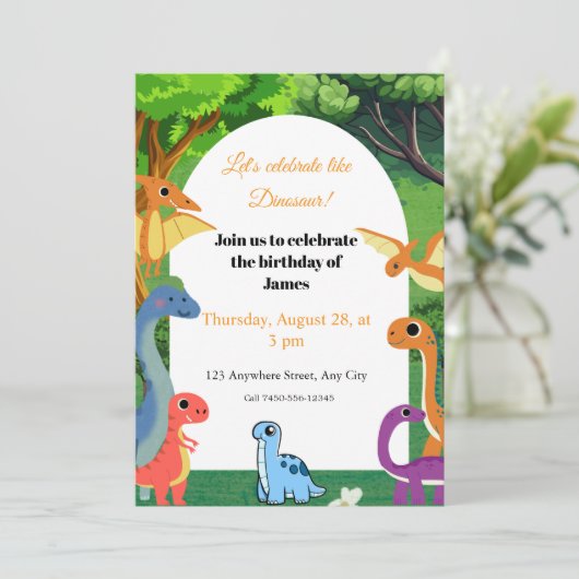 Kleurrijke Dinosaurus Verjaardag Uitnodiging voor  (Staand voorkant)