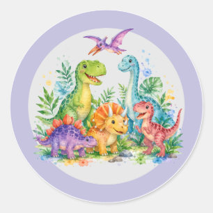 Kleurrijke Dinosaurus Verjaardagsfeest Ronde Sticker