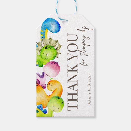 Kleurrijke dinosaurus verjaardagsfeestje persoonli cadeaulabel (Voorkant)