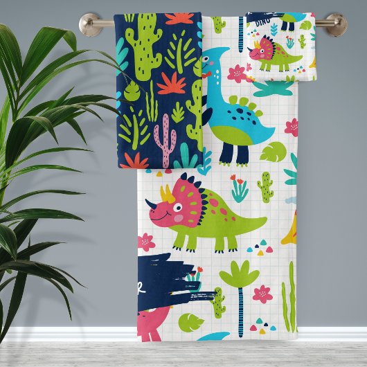 Kleurrijke dinosauruspatroon met Kinder naam badka Bad Handdoek