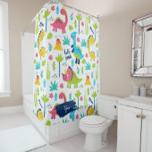 Kleurrijke dinosauruspatroon met Kinder naam badka Douchegordijn (In situ)