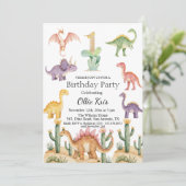Kleurrijke dinosaurussen 1e verjaardagsfeest kaart (Staand voorkant)