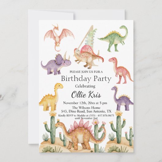 Kleurrijke dinosaurussen 4e verjaardagsfeest kaart (Voorkant)