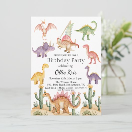 Kleurrijke dinosaurussen 4e verjaardagsfeest kaart (Staand voorkant)