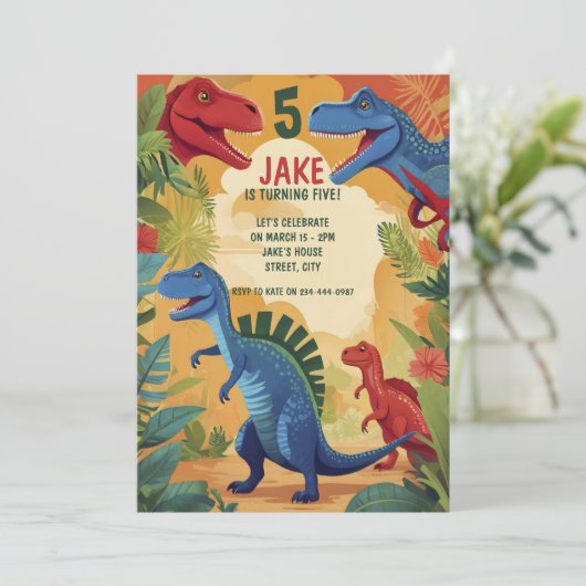 Kleurrijke dinosaurussen 5e verjaardag Kinder part Kaart (Staand voorkant)