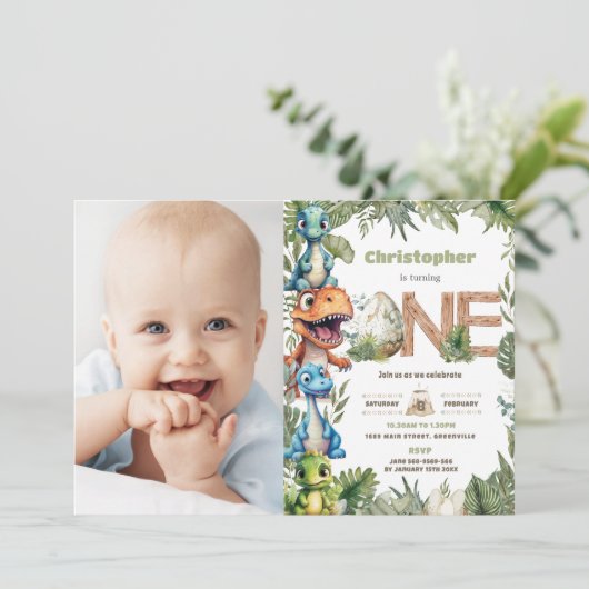 Kleurrijke dinosaurussen groen 1e verjaardag één f kaart (Staand voorkant)