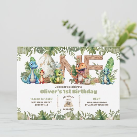 Kleurrijke Dinosaurussen Groen Één 1e Eerste Verja Kaart (Staand voorkant)