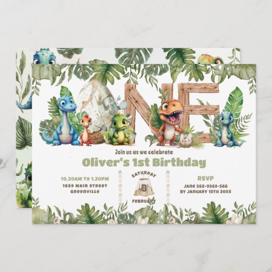 Kleurrijke Dinosaurussen Groen Één 1e Eerste Verja Kaart (Voorkant / Achterkant)