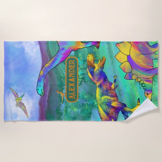 Kleurrijke dinosaurussen Jurassic Landscape Naam Strandlaken (Voorkant)