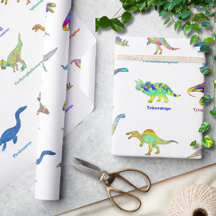 Kleurrijke Dinosaurussen met namen Patroon Cadeaupapier
