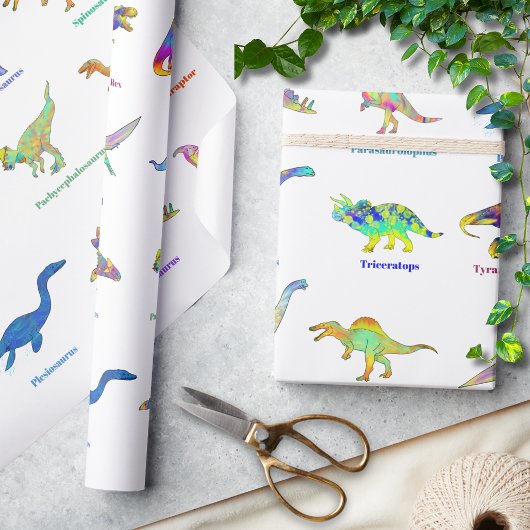 Kleurrijke Dinosaurussen met namen Patroon Cadeaupapier