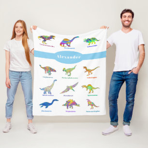 Kleurrijke dinosaurussen met namen Patroonblauw Fleece Deken
