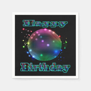 Kleurrijke disco bal Happy Birthday op zwart serve Servet