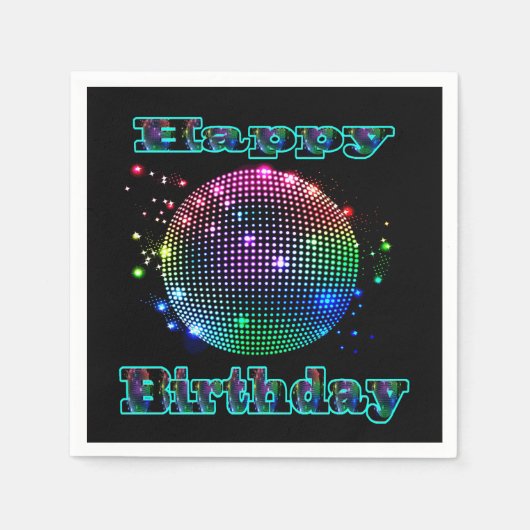 Kleurrijke disco bal Happy Birthday op zwart serve Servet (Voorkant)