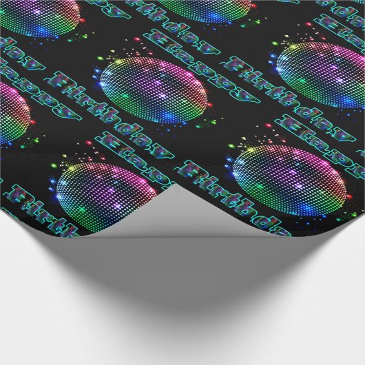Kleurrijke Disco Ball Gelukkige Verjaardag op Zwar Cadeaupapier (Hoek)