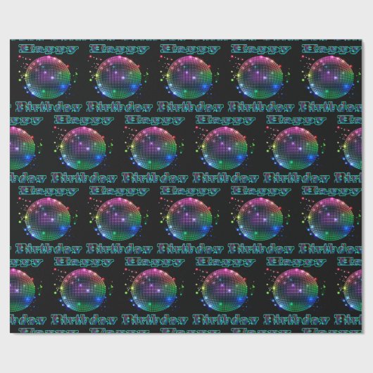 Kleurrijke Disco Ball Gelukkige Verjaardag op Zwar Cadeaupapier (Vlak)