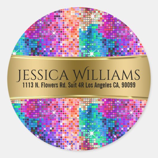 Kleurrijke Disco Glitter & Gouden Sjabloon Ronde Sticker (Voorkant)