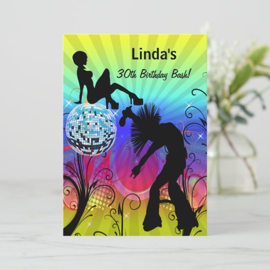 kleurrijke disco retro-partij uitnodiging (Staand voorkant)