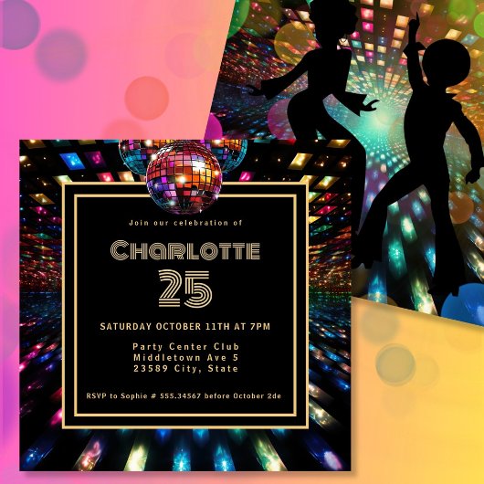 Kleurrijke discodans 25e verjaardag kaart