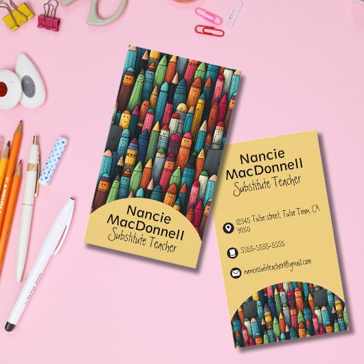 Kleurrijke docent bijles Cartoon Crayon Pattern Visitekaartje