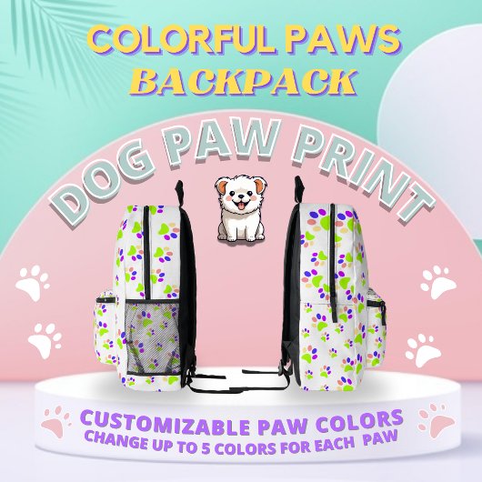 Kleurrijke Dog Paw Print Design, Bewerkbare Paw Kl Bedrukte Rugzak