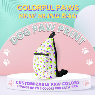 Kleurrijke Dog Paw Print Design, Bewerkbare Paw Kl Sling Bag