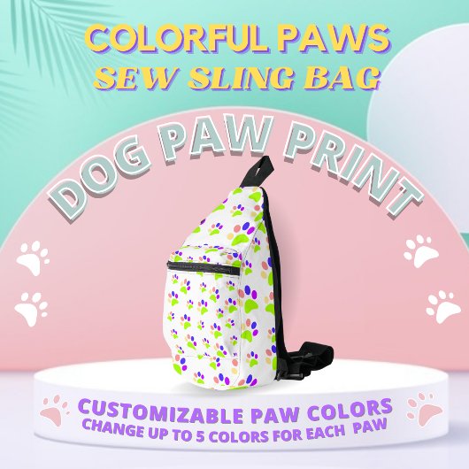 Kleurrijke Dog Paw Print Design, Bewerkbare Paw Kl Sling Bag
