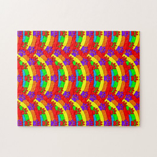 Kleurrijke dog schildert afdrukken op regenboogach legpuzzel (Horizontaal)