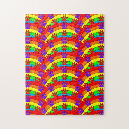 Kleurrijke dog schildert afdrukken op regenboogach legpuzzel (Verticaal)