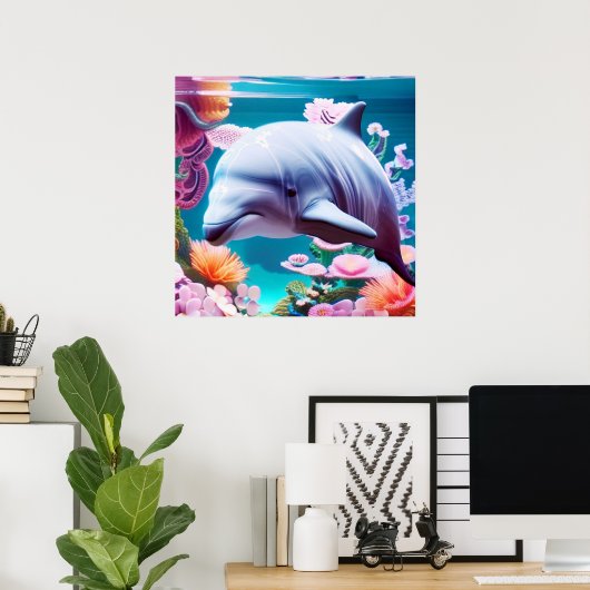 Kleurrijke dolfijn in een Floral Ocean - Ocean Lov Poster (Thuiskantoor)