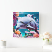 Kleurrijke dolfijn in een Floral Ocean - Ocean Lov Vierkante Klok (Huis)