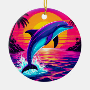 Kleurrijke Dolfijn Levendige Tropische Zonsonderg Keramisch Ornament