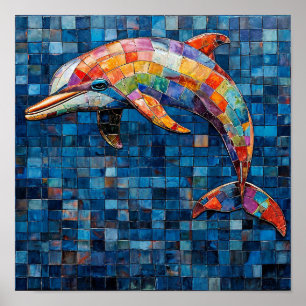 Kleurrijke Dolfijn Mozaïek Oceaan Golf Kunst  🐬🎨 Poster