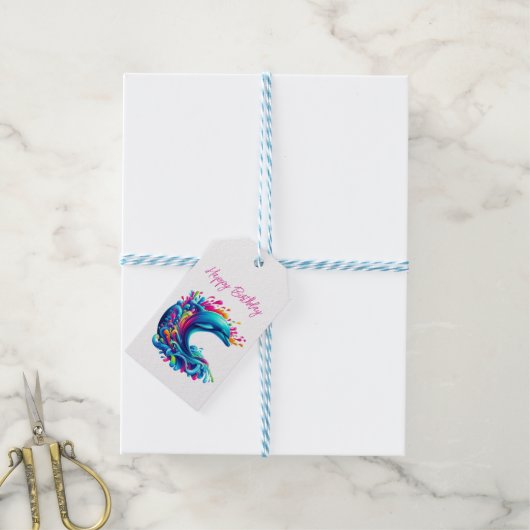 Kleurrijke Dolphin Splash- Cadeaulabel (Met Touw)