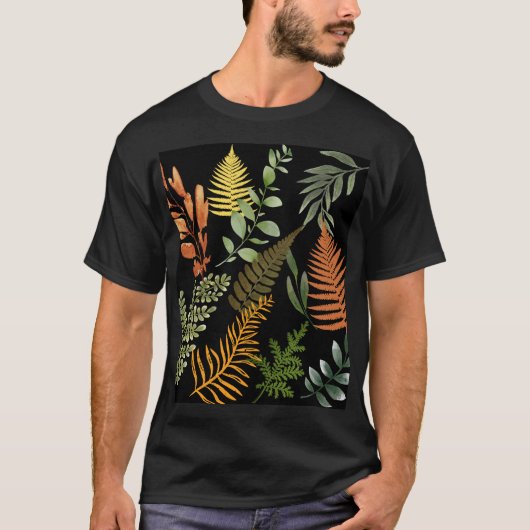 Kleurrijke donkere varen botanische bloemblaadjes t-shirt (Voorkant)