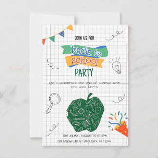 Kleurrijke Doodle Fun: Back to School Party Kaart