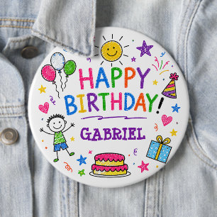 Kleurrijke Doodle Gelukkige Verjaardag Aangepaste  Ronde Button 6,0 Cm