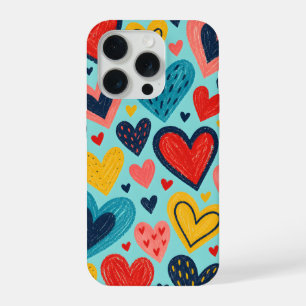 Kleurrijke Doodle-harten op Aqua iPhone 15 Pro Case