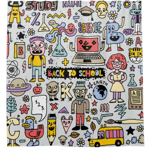 Kleurrijke Doodle School Set Douchegordijn (Voorkant)