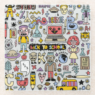 Kleurrijke Doodle School Set Glazen Onderzetter