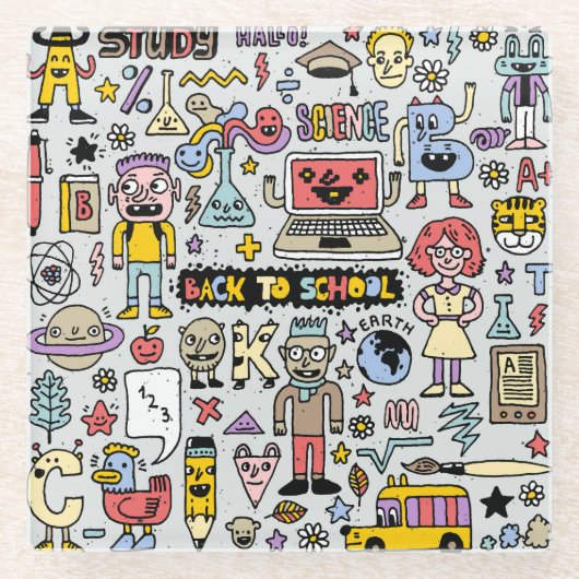 Kleurrijke Doodle School  Set Glazen Onderzetter (Voorkant)