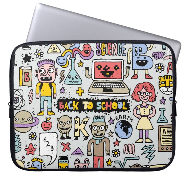 Kleurrijke Doodle School  Set Laptop Sleeve (Voorkant)