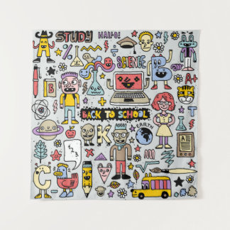 Kleurrijke Doodle School Set Wandkleed