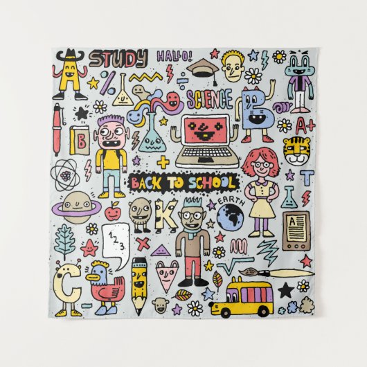 Kleurrijke Doodle School  Set Wandkleed (Voorkant)