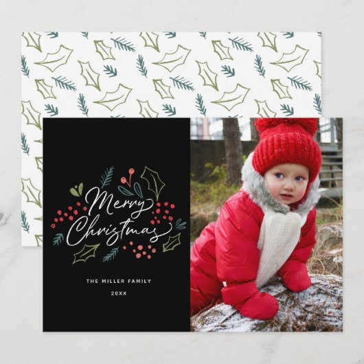 Kleurrijke Doodles Vrolijke Kerstfoto Zwart Feestdagenkaart (Voorkant / Achterkant)