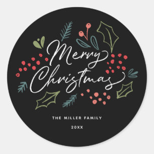 Kleurrijke Doodles Vrolijke Kerstnaam Zwart Ronde Sticker